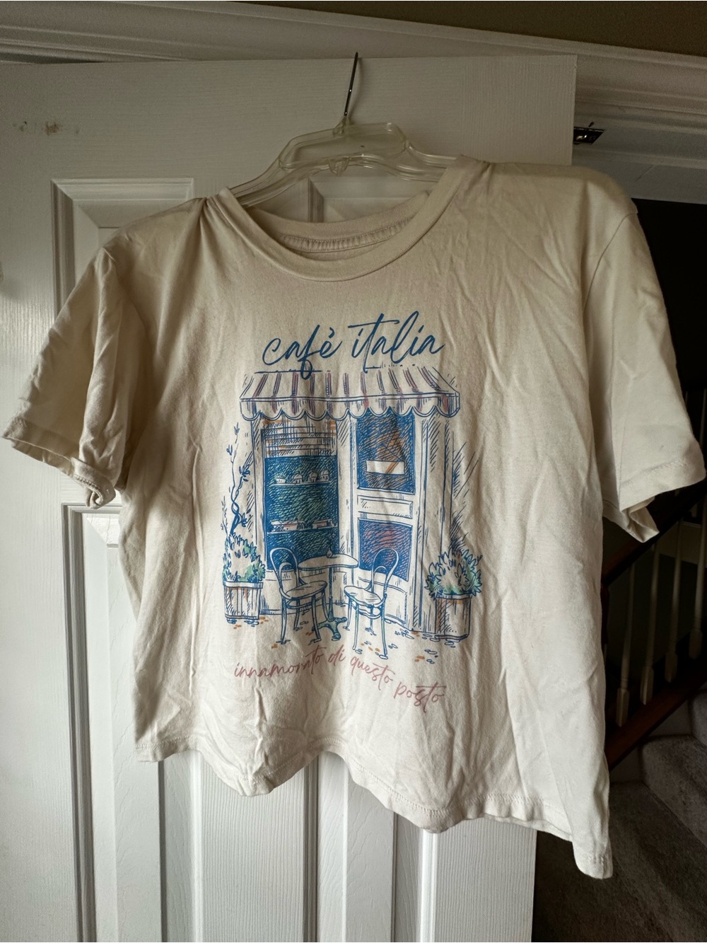 Café Italian Graphic Tee - Cream with Blue Print